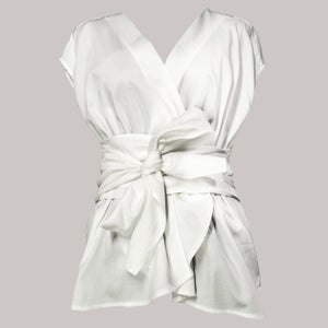 Bluza alba petrecuta in talie / White overlapped blouse
